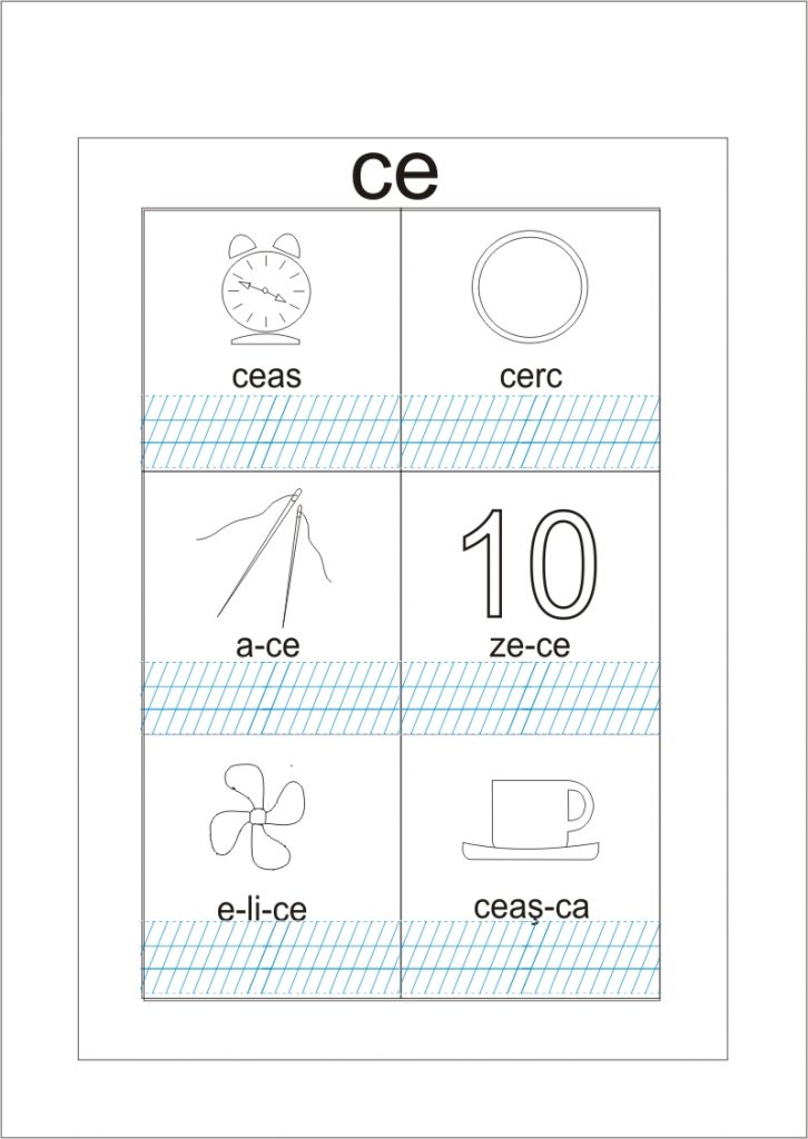 Colorează imaginile și scrie cuvinte care contin grupul de litere 'ce'